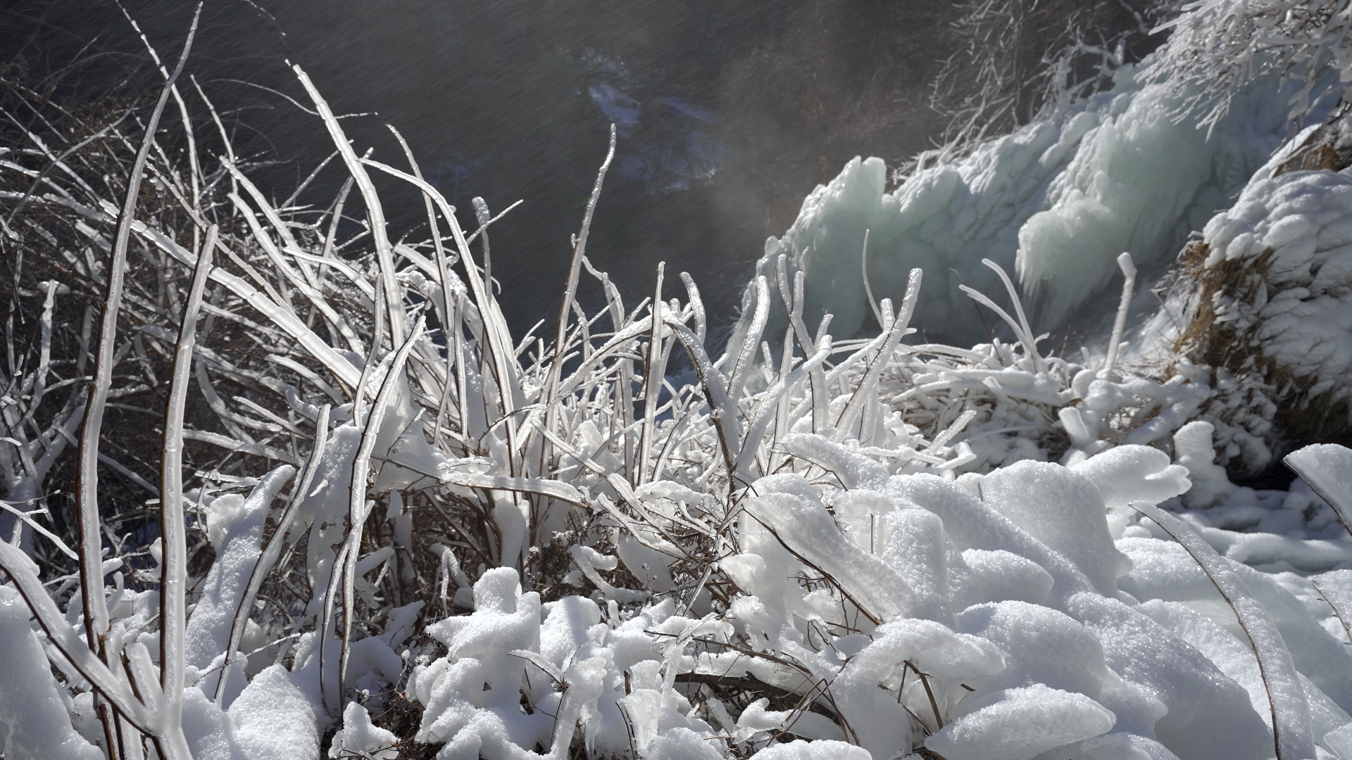 厳冬の滝と対話する
